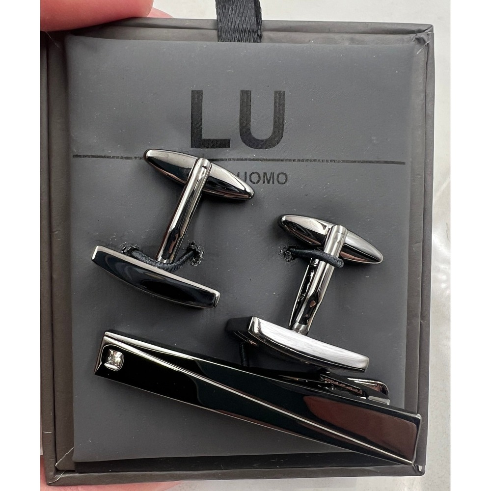 Linea Uomo Cufflinks & Tie Bar Set Men's Gunmetal Crystal Accent NIB